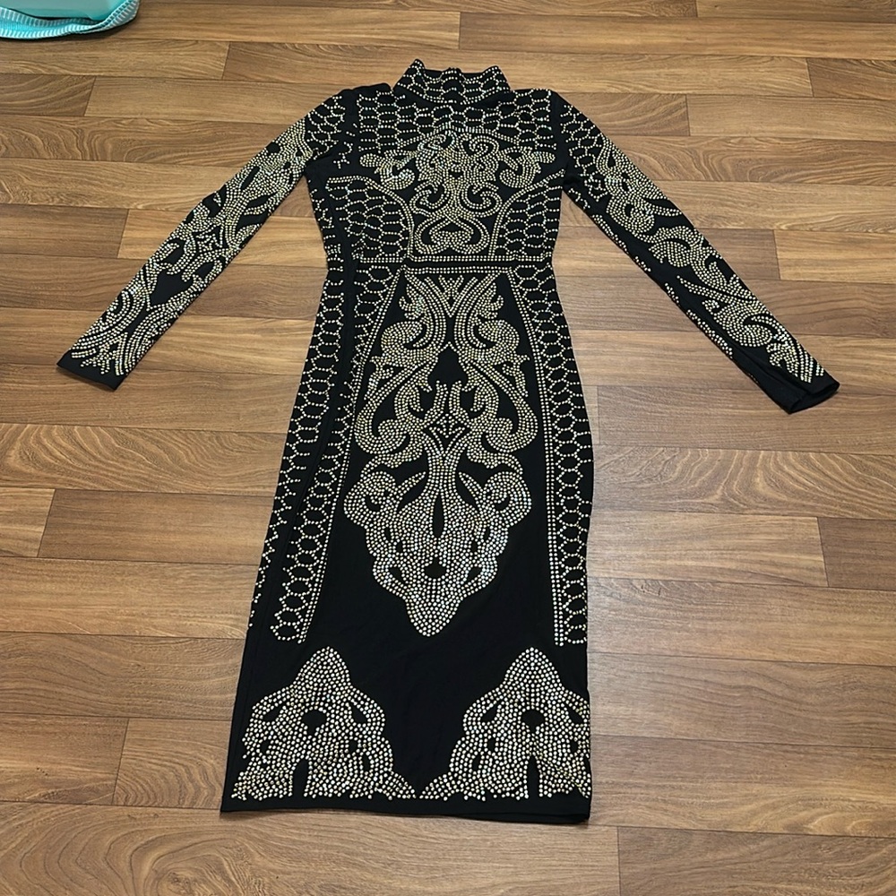 BOUTIQUE form fitting black bodycon dress with gold stones - NWOT